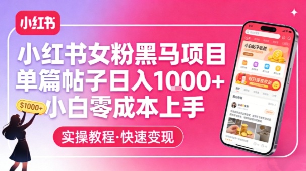小红书女粉黑马项目，单篇帖子日入1k+，小白零成本上手-创富笔记