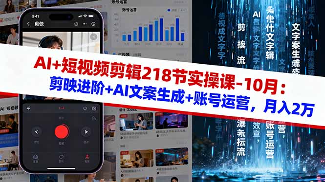 AI+短视频剪辑218节实操课-10月：剪映进阶+AI文案生成+账号运营，月入2万-创富笔记