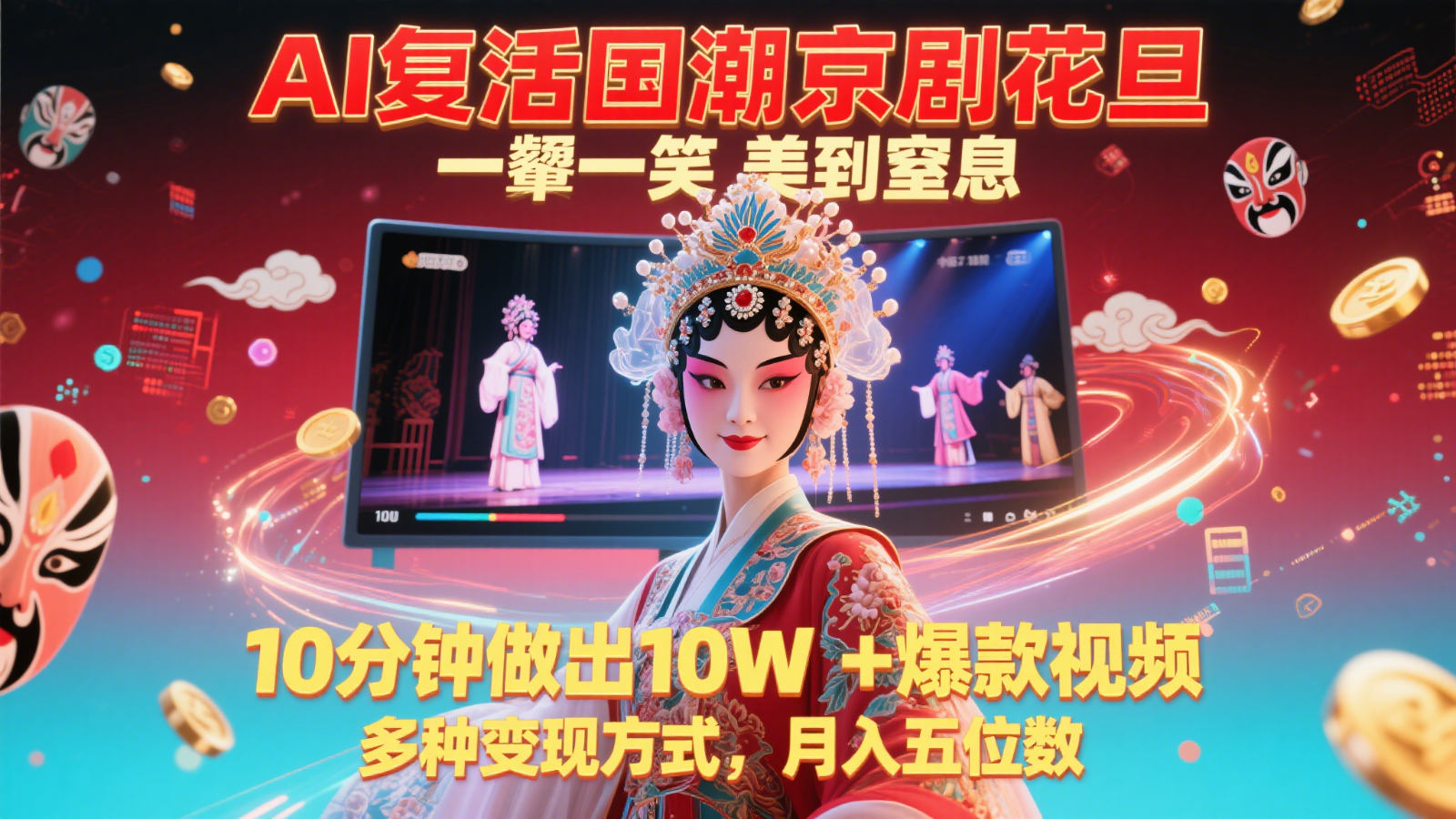 AI复活国潮京剧花旦，一颦一笑美到窒息，10分钟做出10W+爆款视频，多种变现方式-创富笔记