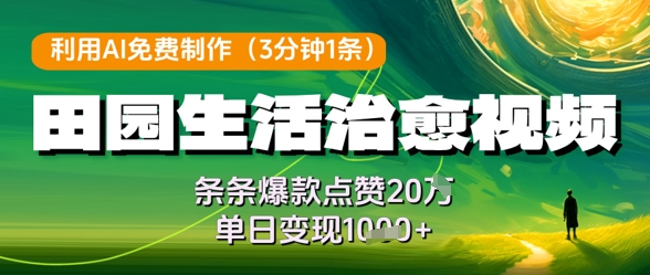 利用AI免费制作田园生活治愈视频，条条爆款点赞20W，单日变现几张-创富笔记