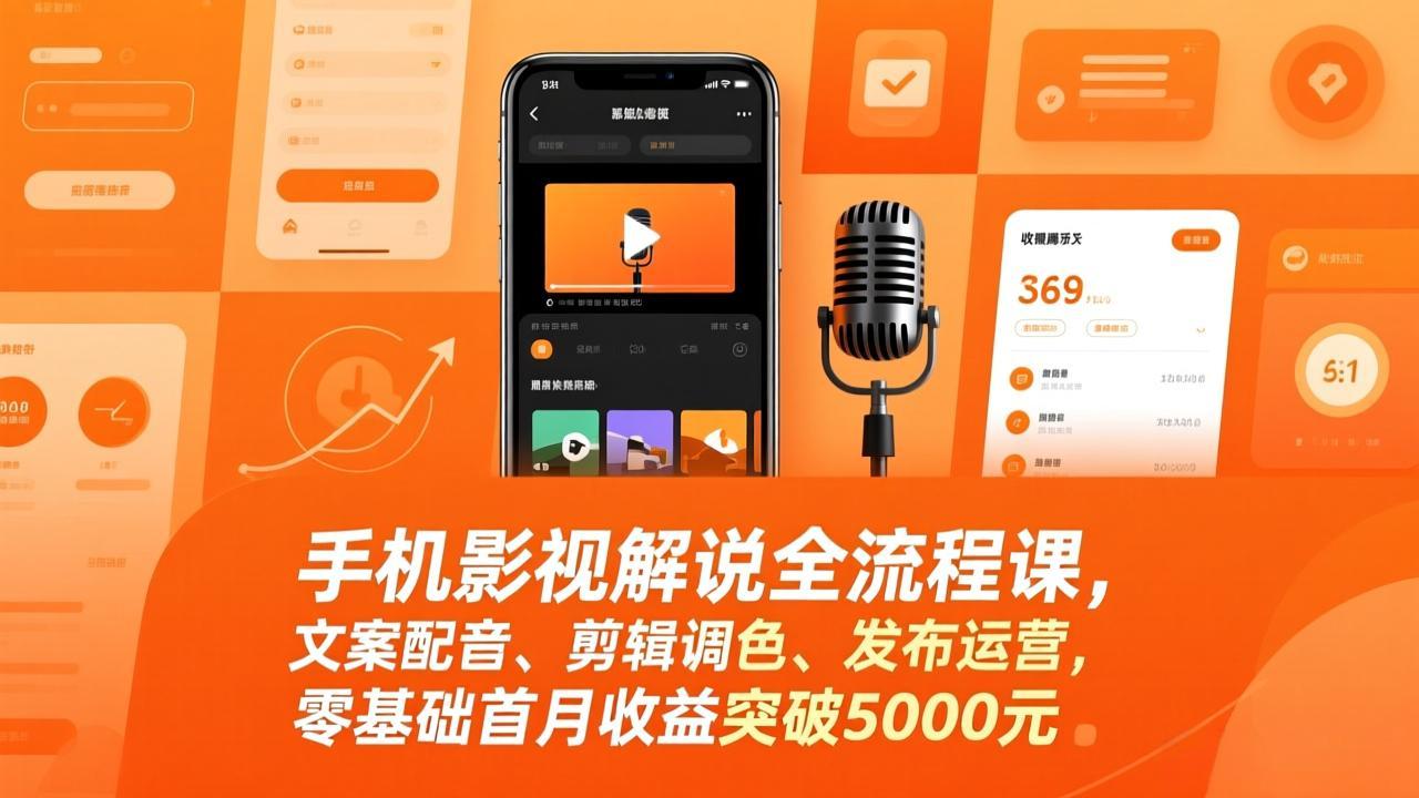 手机影视解说全流程课，文案配音、剪辑调色、发布运营，零基础首月收益突破5000元-创富笔记