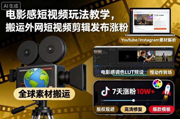 电影感短视频玩法教学,搬运外网短视频剪辑发布涨粉-创富笔记