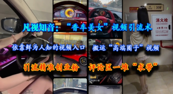凡视知音:“香车美女”视频引流术,依靠鲜为人知的视频入口,搬运“高端圈子”视频,引流精准创业粉,评论区一堆“求带”-创富笔记