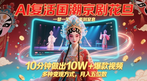 AI复活国潮京剧花旦，一颦一笑美到窒息，10分钟做出10W+爆款视频，多种变现方式，月入五位数-创富笔记