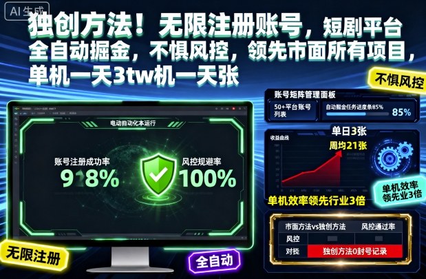独创方法!无限注册账号,短剧平台全自动掘金,不惧风控,领先市面所有项目,单机一天3张【揭秘】-创富笔记