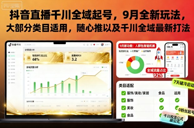 抖音直播千川全域起号,9月全新玩法,大部分类目适用,随心推以及千川全域最新打法-创富笔记