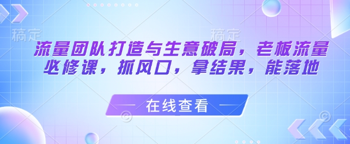 流量团队打造与生意破局，老板流量必修课，抓风口，拿结果，能落地-创富笔记