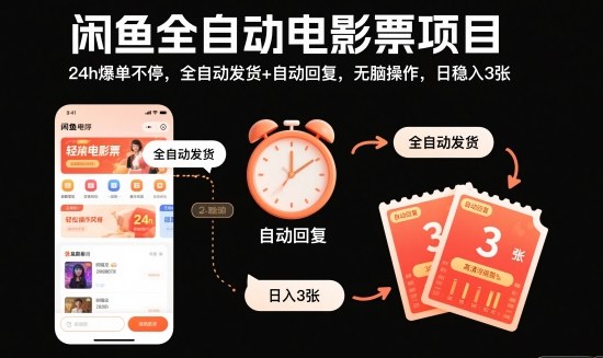 闲鱼全自动电影票项目,24h爆单不停,全自动发货+自动回复,无脑操作,日稳入3张【揭秘】-创富笔记