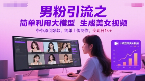 男粉引流之简单利用大模型生成美女视频，条条原创爆款，简单上传制作，变现日1k+-创富笔记