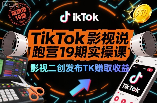 TikTok影视解说陪跑营19期实操课,影视二创发布TK賺取收益,万播收益50美金-创富笔记