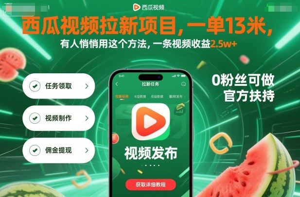 西瓜视频拉新项目,一单13米,有人悄悄用这个方法,一条视频收益2.5w+(附详细教程)-创富笔记