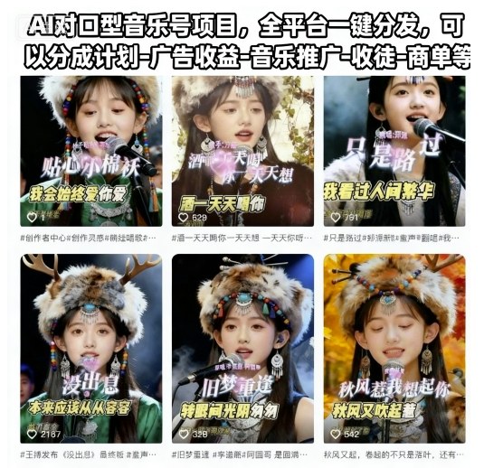 AI对口型音乐号项目，全平台一键分发，可以分成计划-广告收益-音乐推广-收徒-商单等-创富笔记