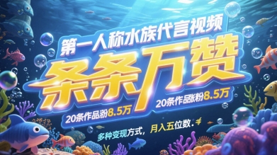 第一人称水族代言视频，条条万赞，20条作品涨粉7.8W，多种变现方式月入五位数-创富笔记